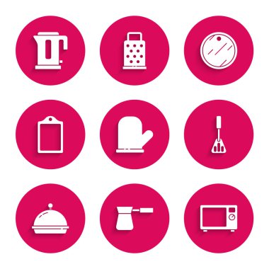 Fırın eldiveni, Türk mikrodalga fırını Spatula tepsi yemek kesme tahtası ve elektrikli su ısıtıcısı ikonu ile kaplı olsun. Vektör.