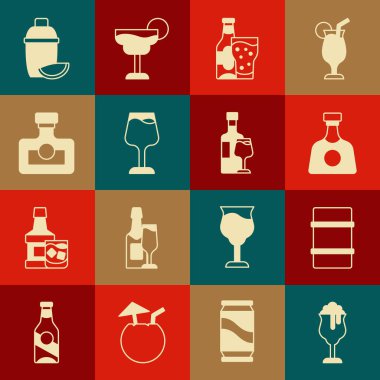 Bir bardak bira, bir fıçı tekila, bir şişe bira ve bir bardak alkollü rom, limon ve ikonlu kokteyl. Vektör.