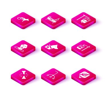 Set Human broken bone Walking stick cane Head of deaf and dumb Guide dog Blindness IV bag  and Patient with leg icon. Vector.