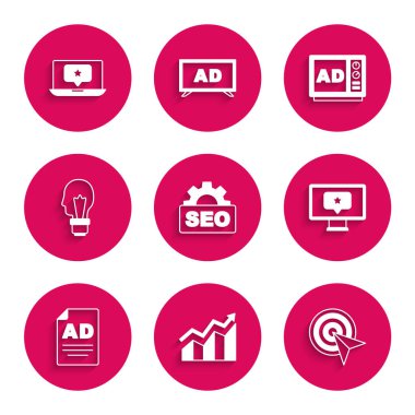 SEO optimizasyon Finansal büyüme artışı hedefleme monitörünü yıldız reklamcılık ampul fikri ve dizüstü bilgisayar simgesi konseptiyle ayarla. Vektör.