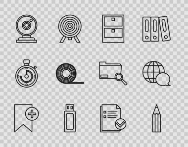 Bookmark Kalem Arşivi kağıt çekmecesini ayarla USB flash disk web kamera Scotch Belgesi ve konuşma balonu simgesinden yapılmış dünya haritasını kontrol et. Vektör.