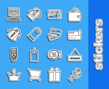 Satır insan elini kredi kartı ile tutarak yazılan Kapalı Kredi Kartı etiketli etiketli şablon fiyat etiketi indirimli satış mağazası ekran bilgisayarı ve simgesi ile ayarla. Vektör.