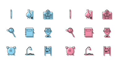 Alarm saatini masa lambası ve açık kitap silgi abaküs not defteri ödül bardağı büyüteç ve test tüpü kimya laboratuarı ikonu ile ayarla. Vektör.