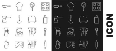 Rolling Spoon kaşık kesme tahtası kızartma tavası kepçeli kahve, Türk ve tost makinesi. Vektör.