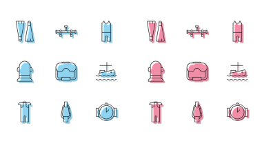 Tüplü dalış kıyafeti, su şamandırası ve Manifold ikonu üzerinde yüzen yüzücü Carabiner Rubber yüzgeçleri, dalış maskesi, balıkçı teknesi. Vektör.