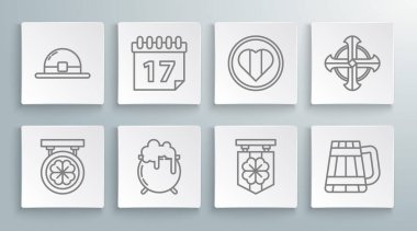 Sokak tabelasını dört yapraklı yonca Aziz Patrick günü takvimi cadı kazanı tahta bardak bardak kalp ve mutlu Kelt haçı ve cüce şapka ikonu ile ayarla. Vektör.