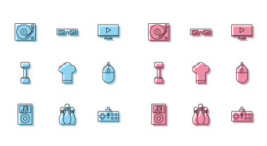 Klasik disk Gamepad Şef Bilgisayar Faresi Dumbbell ve 3D sinema gözlüğü ikonu ile Music player Bowling Pin 'i ayarla. Vektör.