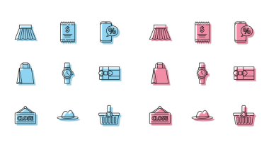 Kapalı Şapkalı Şapka Alışveriş Sepeti Bilekliği Hediye Kutusu Kağıt Alışveriş Çantası ve Hesap ve Mali Kontrol ikonu 'yla sıra asma tabelasını hazırla. Vektör.