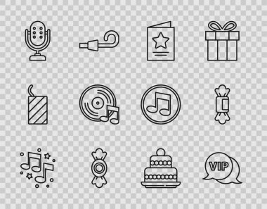 Satır Müzik notası tonunu ayarlayın Konuşma balonunda Vip Tebrik kartı Şeker Mikrofon Vinil Keki ve simgesi. Vektör.