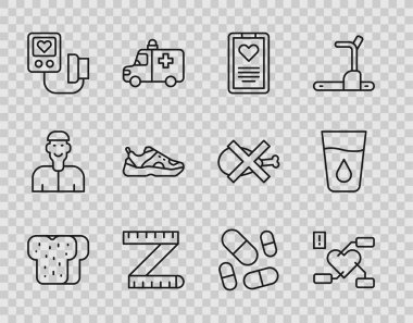 Ekmek tostunu hazırla Dikkat sağlık kalbinin medikal pano bant ölçümü kan basıncı spor ayakkabıları vitamin hapları ve su ikonlu cam. Vektör.