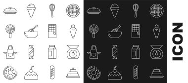 Pastayı yanan mumlarla ayarla. Hamur işi çantasıyla. Mutfak çırpma kabı, lolipop ev yapımı turta ve çikolatalı çikolata ikonu. Vektör.