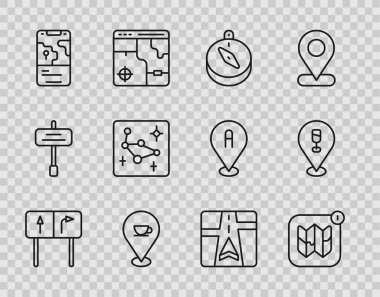 Yol trafik işaretini, şehir haritası pusula konumu bilgisini kahve fincanı navigasyonu ile ayarla Büyük Ayı takımyıldızı GPS cihazı ve alkol veya bira barı konumu simgesi. Vektör.