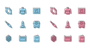 Çizgiyi Rubik Küp Sarkacı Roket Kitap Gemisi Antik Hazine Sandığı Ses ve Kazak ikonu 'na ayarla. Vektör.