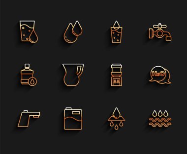 Hat Su Musluğu Büyük şişe temiz su ile cam geri dönüşüm su dalgası damla cam kimyasal formül H2O ve serin ikon. Vektör.