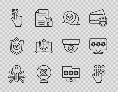 Akıllı anahtar parola koruma işaretini konuşma baloncuğu güvenlik kamerası parmak izi dizüstü bilgisayarında kalkan dizin şifresi ve simgesi ile korunmuş olarak ayarla. Vektör.