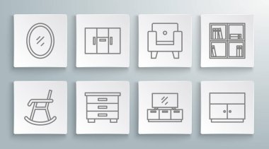 Koltuk Koltuğu Mobilya Mobilya TV masası rafı, kitaplar ve ayna ikonu. Vektör.