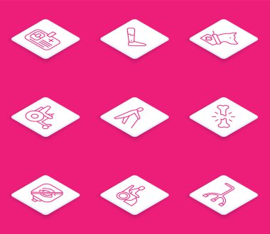 Tanımlama rozeti, protez bacak, elektrikli sandalye, kör insan, kırık kemik, körlük ve kadın ikonu. Vektör.