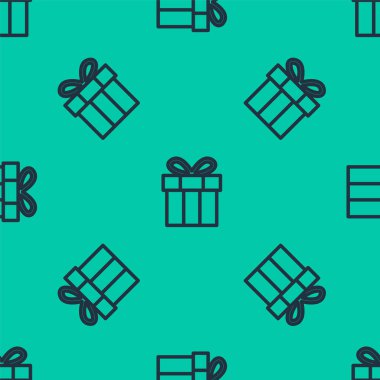 Mavi çizgi hediye kutusu simgesi yeşil arkaplanda kusursuz desen izole etti. Doğum günün kutlu olsun. Vektör.