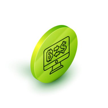 Beyaz arkaplanda izole edilmiş Isometric line Crypto döviz simgesi simgesi. Bitcoin 'den dolar takas simgesine. Kripto para teknolojisi, mobil bankacılık. Yeşil daire düğmesi. Vektör.