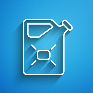 Yanıcı sıvılar için beyaz çizgi kutusu mavi arka planda izole edilmiş. Yağ ya da biyoyakıt, patlayıcı kimyasallar, tehlikeli maddeler. Uzun gölge. Vektör.