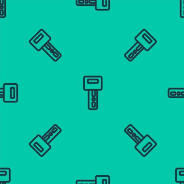 Uzaktan ikonlu mavi çizgi araba anahtarı yeşil arka planda izole edilmiş pürüzsüz desen. Araba anahtarı ve alarm sistemi. Vektör.