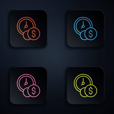 Renkli neon çizgisi Zaman siyah arkaplanda izole edilmiş para simgesidir. Para zamandır. Etkili zaman yönetimi. Zamanı paraya çevir. Kare düğmelere simgeleri yerleştir. Vektör.