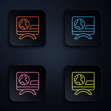 Renkli neon hattı flaş haber simgesi siyah arkaplanda izole edildi. Televizyonda haberler. Haber spikeri yayın yapıyor. Kitlesel medya. Akşam haberleri. Kare düğmelere simgeleri yerleştir. Vektör.
