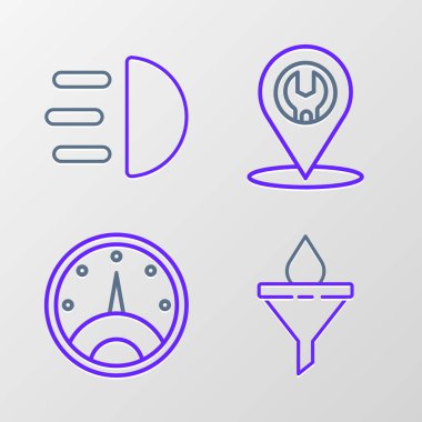 Hat hunisi ya da filtre ve motor yağı damlatma Speedometer Car servisi ve High beam simgesi ayarlayın. Vektör.