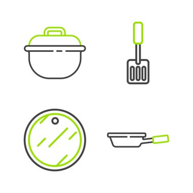 Hattı Kızartma Tavası Spatula ve Tencere İkonu 'na ayarla. Vektör.