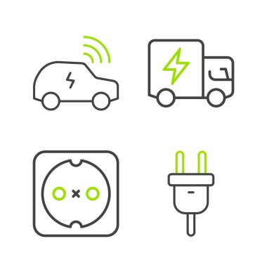 Elektrik prizi kamyonunu ve Smart Car sistem simgesini ayarla. Vektör.