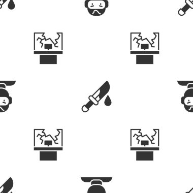 Hırsız maskesi, kanlı bıçak ve kusursuz desenli kırık pencere. Vektör.