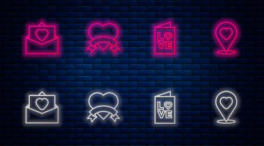 Set hattı Heart, Sevgililer Günü partisi broşürü, Yürekli Zarf ve Konumu. Tuğla duvarda parlayan neon simgesi. Vektör.