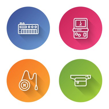 Müzik sentezleyicisi, Tetris, Yoyo oyuncağı ve bel çantası muz. Renkli daire düğmesi. Vektör.