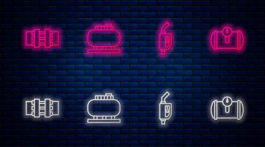Petrol deposu, benzin pompası enjektörü, metal borular, valf ve araç için ayarlayın. Tuğla duvarda parlayan neon simgesi. Vektör.