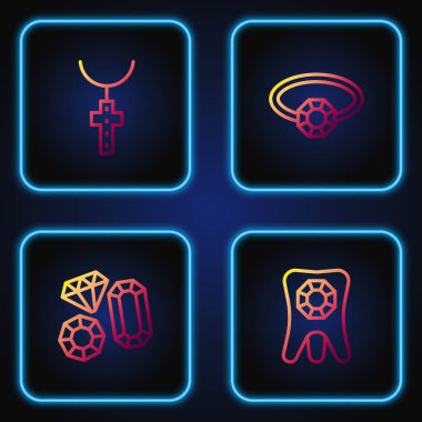 Dişleri elmas, mücevher taşı, Hıristiyan haç zinciri ve elmas nişan yüzüğü ile sabitleyin. Renk simgeleri. Vektör.