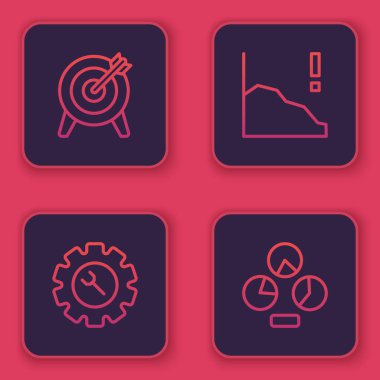 Hedef, İngiliz anahtarı ve teçhizat, finansal büyüme azalması ve pasta grafiği bilgisini ayarla. Mavi kare düğme. Vektör.