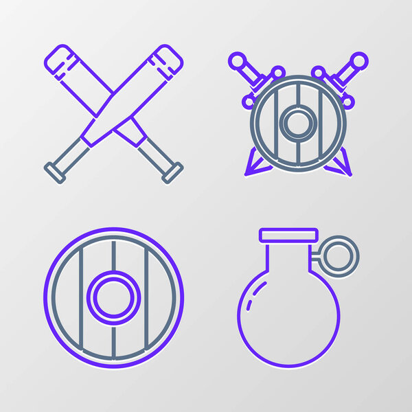 Set line Hand grenade Round wooden shield Wooden with crossed swords and Crossed baseball bat icon. Vector.