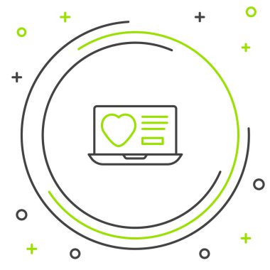 Satır Bulma uygulaması çevrimiçi dizüstü bilgisayar konsepti simgesi beyaz arkaplanda izole edildi. Kadın erkek profili düz tasarım. Çift ilişki için eşleşiyor. Renkli taslak konsepti. Vektör.