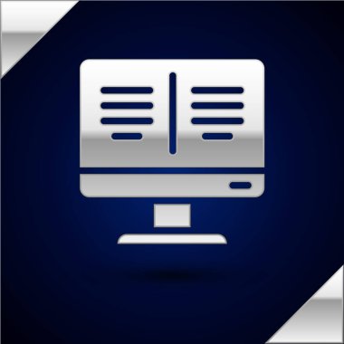 Monitör simgesindeki Silver Online kitabı koyu mavi arka planda izole edildi. İnternet eğitimi konsepti, e-öğrenme kaynakları. Vektör İllüstrasyonu.