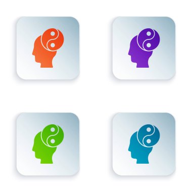 Beyaz arkaplanda izole edilmiş Yin Yang sembolü ve denge simgesi. Kare düğmelere renkli simgeleri yerleştir. Vektör.