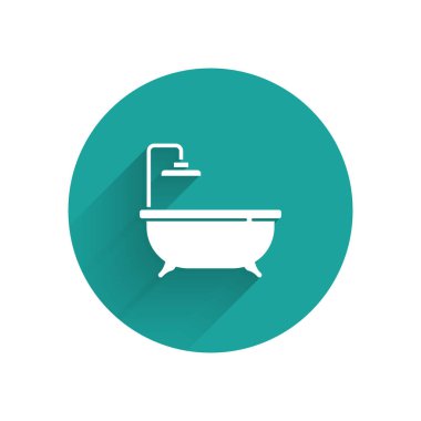 Beyaz Küvet ikonu uzun gölgeli. Yeşil daire düğmesi. Vektör.