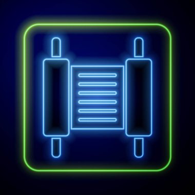 Parlayan neon Tevrat kaydırma simgesi mavi arkaplanda izole edildi. Genişletilmiş Yahudi Tevrat 'ı. David 'in Yıldızı sembolü. Eski parşömen tomarı. Vektör.