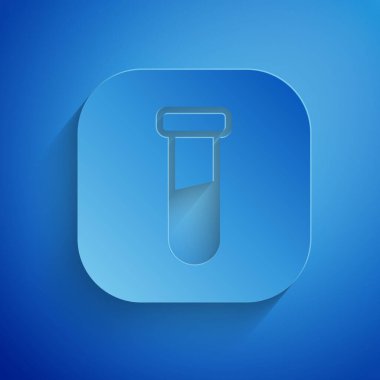 Kağıt kesiği Test tüpü ve matara kimyasal test ikonu mavi arka planda izole edildi. Laboratuvar cam levhası. Kağıt sanatı tarzı. Vektör.