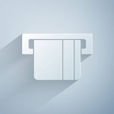 Gri arkaplanda izole edilmiş kart okuyucu simgesine eklenmiş kağıt kesimi kredi kartı. ATM para makinesi. Kağıt sanatı tarzı. Vektör.