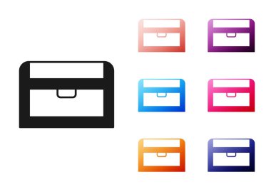 Beyaz arka planda siyah antika hazine sandığı ikonu var. Altın sikkeli klasik tahta sandık. Simgeleri renklendirin. Vektör.