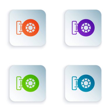 Renkli ön cephe binası kuyumcu simgesi beyaz arka planda izole edilmiş. Kare düğmelere renkli simgeleri yerleştir. Vektör.