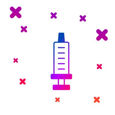 Beyaz arkaplanda izole edilmiş renkli şırınga simgesi. Aşı için şırınga, aşı, iğne, grip aşısı. Tıbbi ekipman. Kademeli rastgele dinamik şekiller. Vektör.