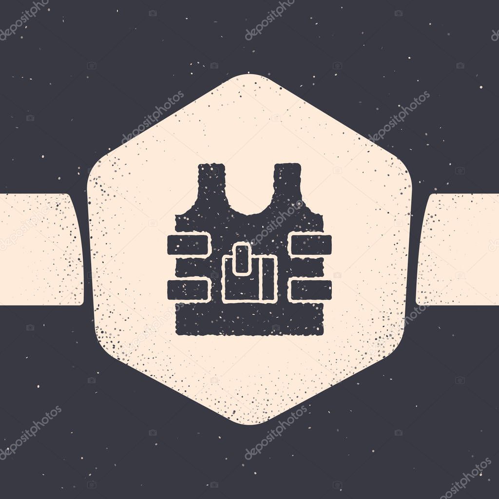 Grunge Bulletproof vest for protection from bullets icon isolated on grey background. Body armor sign. Military clothing. Monochrome vintage drawing. Vector.
