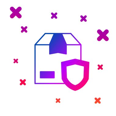 Beyaz zemin üzerinde kalkan simgesi olan renk teslimat güvenliği. Teslimat sigortası. Kalkanın ötesinde sigorta kutuları var. Kademeli rastgele dinamik şekiller. Vektör.