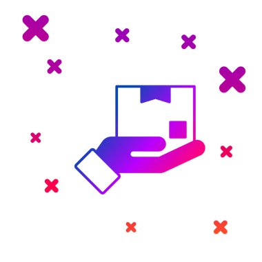 Beyaz arkaplanda izole edilmiş karton kutular simgesine sahip renkli teslimat eli. Kuryeyle kapı kapı dolaşacağız. Kademeli rastgele dinamik şekiller. Vektör.